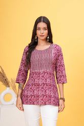 Red Base with White Block Print Stylish Yoke Short Kurti-Crisp Contrast For a Standout Look